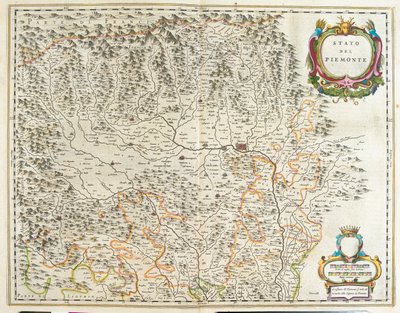 Piemont, Vale de Aosta e Ligúria, Itália, em "Theatrum Orbis Terrarum, sive Atlas Novus" de Willem Blaeu, Amesterdão de Willem Blaeu