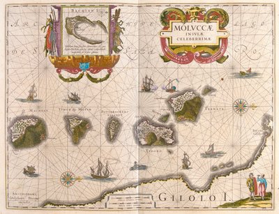 Ilhas das Especiarias e Ilha de Bachian (Batjan), em "Theatrum Orbis Terrarum, sive Atlas Novus" de Willem Blaeu, Amesterdão de Willem Blaeu