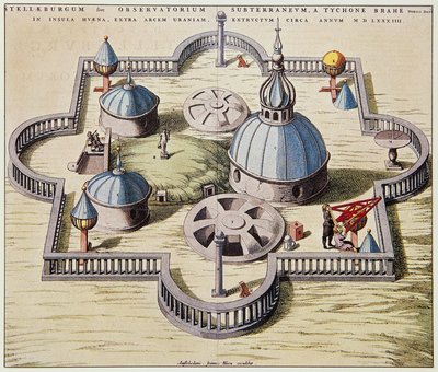 Stelleburgum sive Observatorium Subterraeum, observatório astronômico subterrâneo em Stjerneborg (Castelo das Estrelas), projetado por Tycho Brahe (1546-1601) na ilha de Hven, Dinamarca, desenho de Willem Blaeu, ca. 1595. de Willem Blaeu