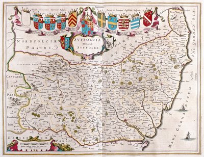 Suffolk, em "Theatrum Orbis Terrarum, sive Atlas Novus" de Willem Blaeu, Amesterdão de Willem Blaeu