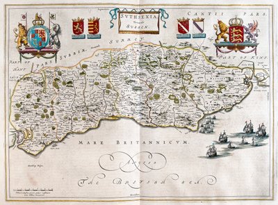 Sussex, em "Theatrum Orbis Terrarum, sive Atlas Novus" de Willem Blaeu, Amesterdão de Willem Blaeu