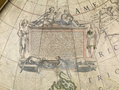 Globo terrestre, pormenor da cartuxa, c.1650 (papel machê, gesso, gravura em cobre, tinta, verniz, latão, madeira, papel) de Willem Blaeu