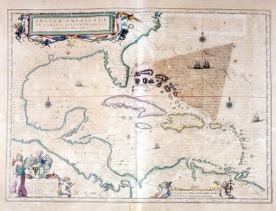 O Mar do Caribe: você pode ver o triângulo das Bermudas entre o Arquipélago das Bermudas, Miami e Porto Rico. De acordo com o Atlas de Wilhelm Blaeu de Willem Blaeu