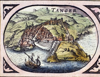 Vista da cidade fortificada de Tânger e da costa, Marrocos. Mapa do Atlas holandês de W. G. Blaeu, Amsterdão de Willem Blaeu