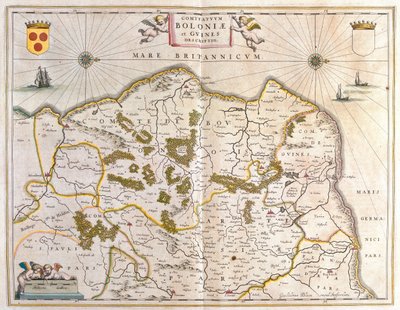brique, calais, grevellinge, em "Theatrum Orbis Terrarum, sive Atlas Novus" de Willem Blaeu, Amesterdão de Willem Blaeu