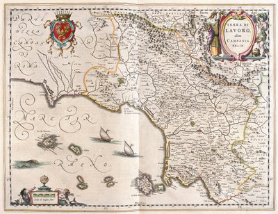 região da Campânia, Itália, no "Theatrum Orbis Terrarum, sive Atlas Novus" de Willem Blaeu, Amesterdão de Willem Blaeu