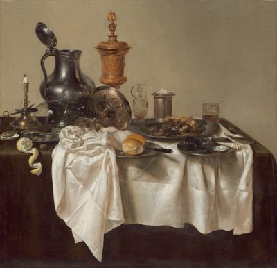 Peça de banquete com torta de carne moída de Willem Claesz. Heda