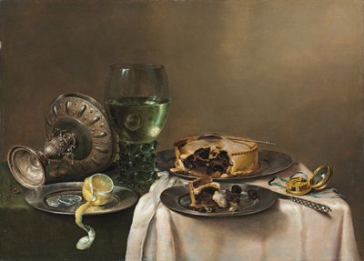 Ainda vida de Pronk, com um roemer, uma tazza de prata virada para cima, um limão meio descascado em um prato de estanho, com uma torta, um relógio e uma faca, 1631 de Willem Claesz. Heda