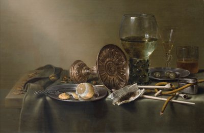 Natureza morta com copos e tabaco de Willem Claesz. Heda