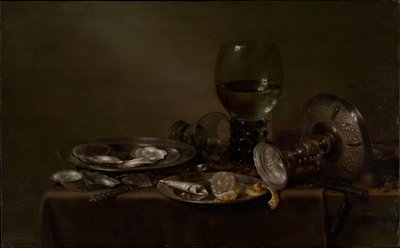 Natureza morta com ostras, um tazza de prata e copos de Willem Claesz. Heda