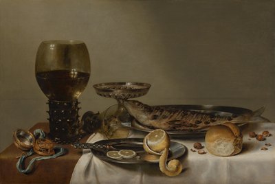 Natureza morta com um Roemer e um relógio de Willem Claesz. Heda