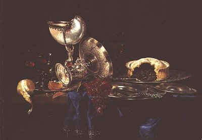 Natureza morta com torta de carne picada e copo de nautilus de Willem Claesz. Heda