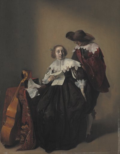 Uma mulher sentada com uma carta, um cavalheiro ao lado dela de Willem Cornelisz Duyster