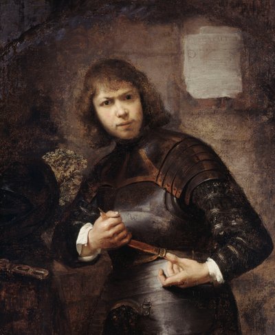 Um soldado, com três quartos de comprimento, afivelando o cinto, de Willem Drost