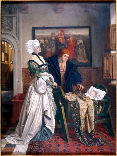 "Charles V e Jeanne Vandergeynst no Berço da sua Filha Marguerite", 1870.    de Willem Geets
