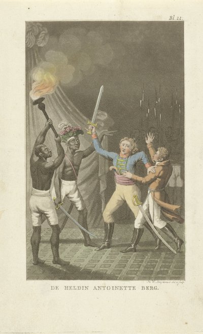 Duas figuras com espadas com dois homens negros A heroína Antoinette Berg (título no objeto) de Willem Hendrik Hoogkamer