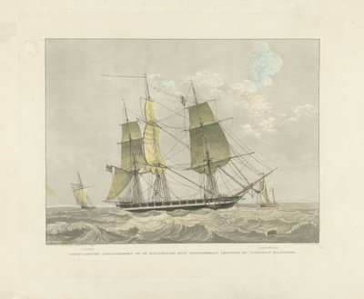 Veleiro, veleiro e barco piloto na água
Corveta de guerra americana na costa holandesa com o barco piloto à espera (título sobre o objecto) de Willem Hendrik Hoogkamer