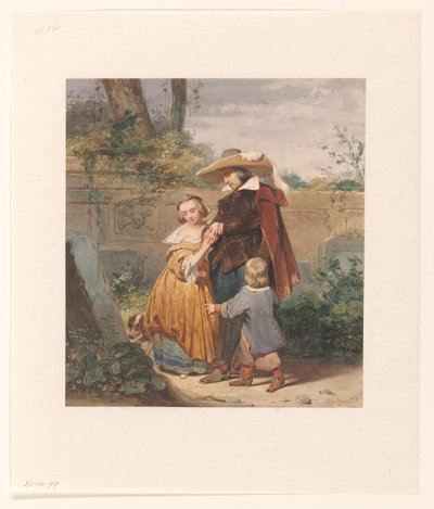 Um pai com dois filhos no túmulo da mãe de Willem Hendrik Schmidt