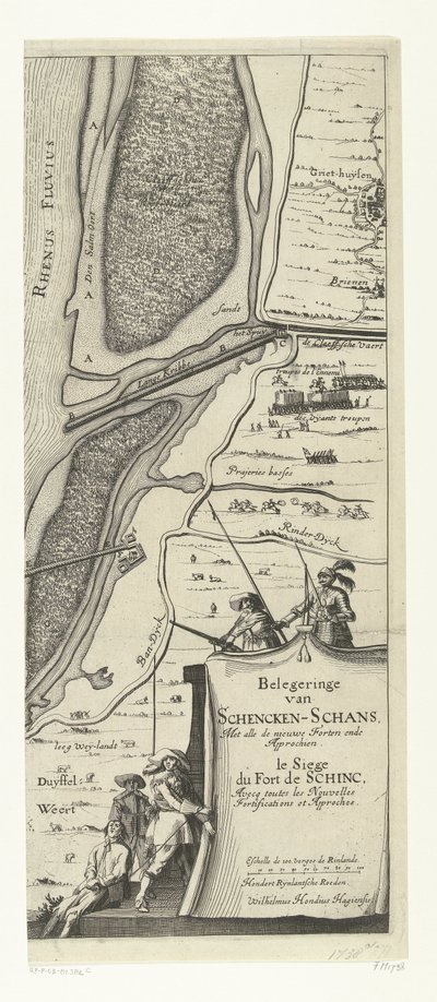 Sítio de Schenckenschans (página da direita), 1635
Belegeringe van Schencken-Schans, Met alle de nieuwe Forten endeen Approchen / le Siege du Fort de schinc, Avecq toutes les Nouvelles Fortifications et Approches (título sobre o objecto) de Willem Hondius