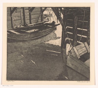 Interior de uma casa de barcaças com cartão de pesca e uma barcaça com cartão de pesca embutido de Willem Jansen (graveur) (signed by artist)