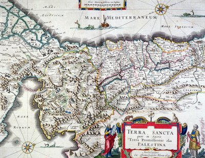 Mapa da Terra Santa, publicado em Amsterdã, 1629 (gravura colorida) de Willem Janszoon Blaeu