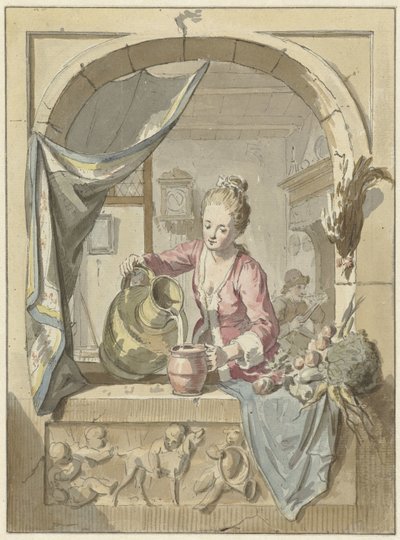 Mulher derrama leite de um jarro, em uma janela de Willem Joseph Laquy