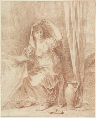Mulher sentada a uma mesa atrás de um livro de Willem Joseph Laquy