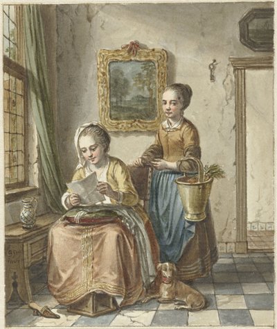 Mulher sentada com empregada, lendo uma carta de Willem Joseph Laquy