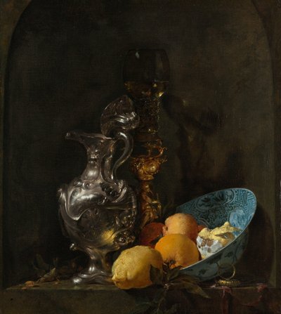 Natureza morta com um jarro de prata e uma taça de porcelana de Willem Kalf