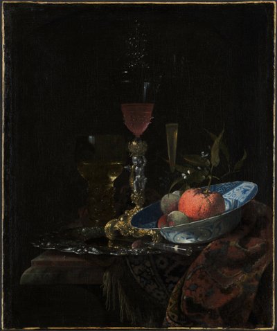Copo de vinho e uma tigela de frutas, 1663. de Willem Kalf