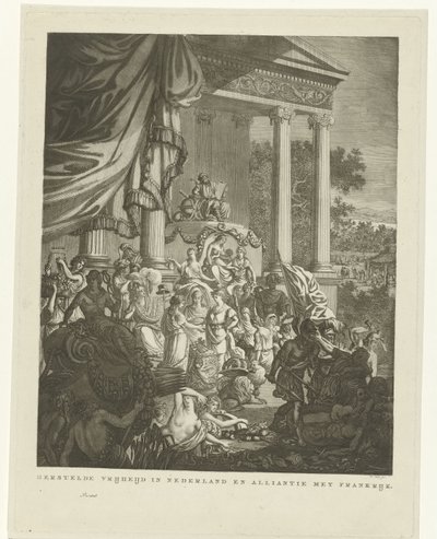 Representação alegórica sobre a aliança entre os Países Baixos e a França, 1795
Liberdade restaurada nos Países Baixos e aliança com a França (título sobre o objecto) de Willem Kok