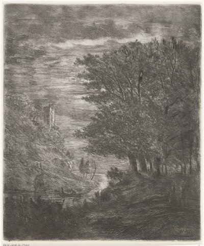 Paisagem montanhosa com ruínas e barco na água ao luar de Willem Matthias Jan van Dielen