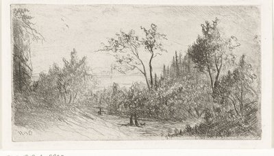 Paisagem montanhosa com caminhantes e cachorro na borda da floresta de Willem Matthias Jan van Dielen