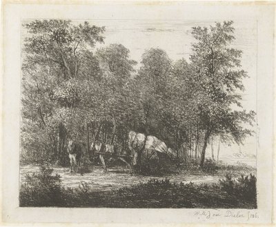 Paisagem com um homem com um carrinho totalmente carregado e um cavalo aproveitado de Willem Matthias Jan van Dielen