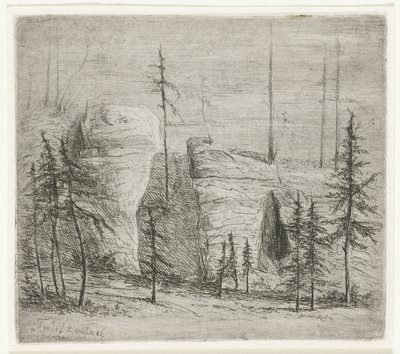 Paisagem rochosa com árvores coníferas, o chamado Teufelkanzel Teufelkantzel Baxen (título no objeto) de Willem Matthias Jan van Dielen