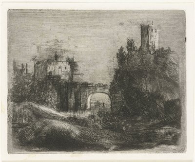 Paisagem do sul com portão e torre na rocha de Willem Matthias Jan van Dielen