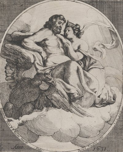 Júpiter e Juno sentados nas nuvens, com uma águia segurando os relâmpagos em baixo à esquerda, 1631. de Willem Panneels