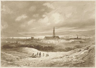 Vista das colinas de uma cidade à beira de um lago de Willem Pieter Hoevenaar