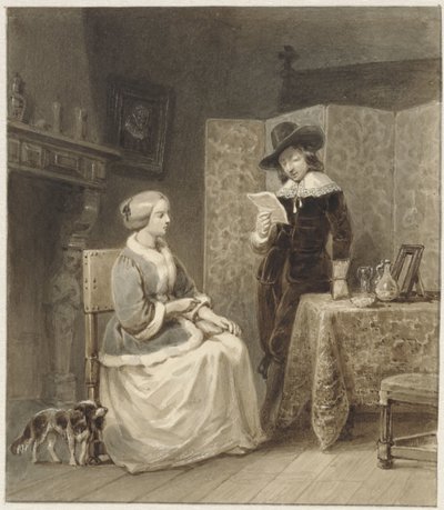 Interior histórico com mulher sentada e em pé, lendo o homem de Willem Pieter Hoevenaar