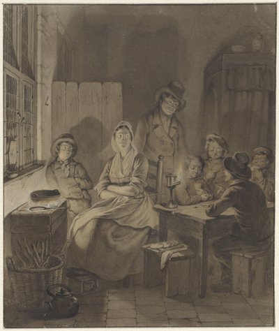 Interior com grupo de pessoas à volta da mesa à luz de velas de Willem Pieter Hoevenaar