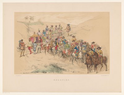 Quarto grupo de máscaras de Utrecht em 1856 Colônias (título no objeto) Nossa pátria em meados do século XVII, proposta por H.H. estudantes, membros da Mutua Fides, em comemoração aos 220 anos da Utrechtsche Hoogeschool, 25 de junho de Willem Pieter Hoevenaar
