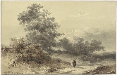 Paisagem com arbustos e uma figura em uma estrada rural de Willem Roelofs (I)