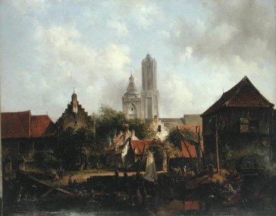 Canal Scene with Utrecht (óleo sobre tela) de Willem Roelofs