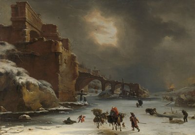 Muralhas da cidade no inverno, c.1650-70 (óleo sobre tela) de Willem Schellinks
