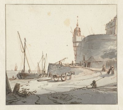 Vista de um porto perto da muralha de uma cidade de Willem Schellinks