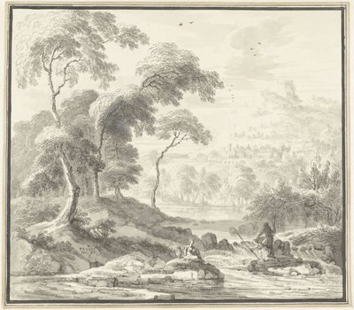 Paisagem montanhosa paradisíaca com mulheres num riacho de Willem Troost (I)