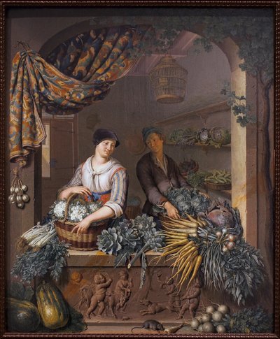 Um vendedor de legumes. Pintura de Willem van Mieris (1662-1747), óleo sobre madeira de Willem Van Mieris