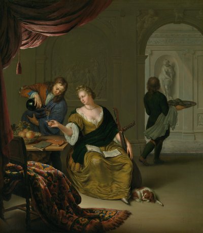 O alaúde negligenciado Uma senhora com um alaúde que toma vinho em um interior rico, 1705. de Willem Van Mieris