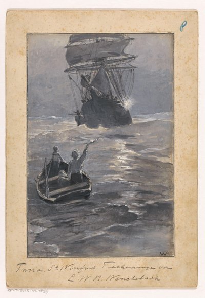 Os rapazes sinalizam para um navio a partir de um barco a remos afundado de Ludwig Willem Reymert Wenckebach