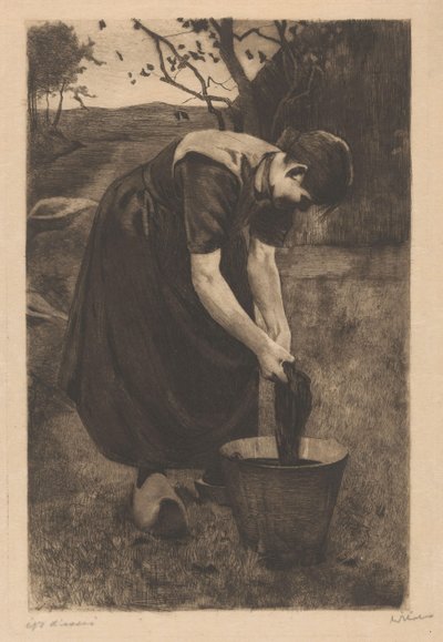 A mulher do agricultor lava os têxteis num balde de Willem Witsen (signed by artist)